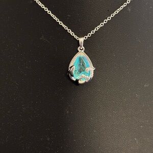 Silver Teardrop Pendant Necklace with Aqua Blue Gem